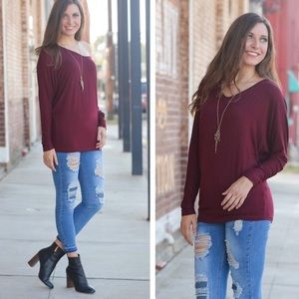 V-Neck long sleeve tunic/top Burgundy NWT